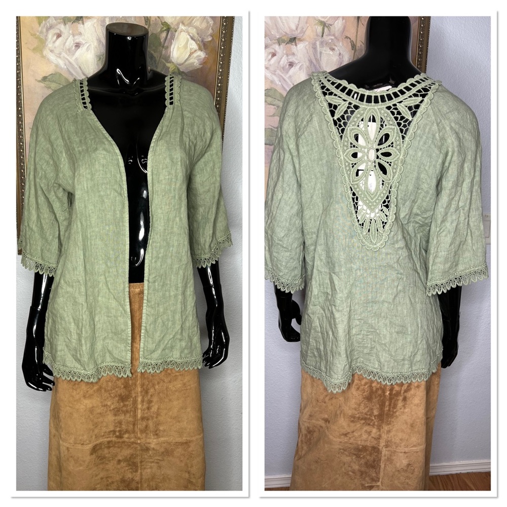 Valentina Naldi Scalloped Edge Boho Open Front Cardigan 100% Linen O/S NWT Sage